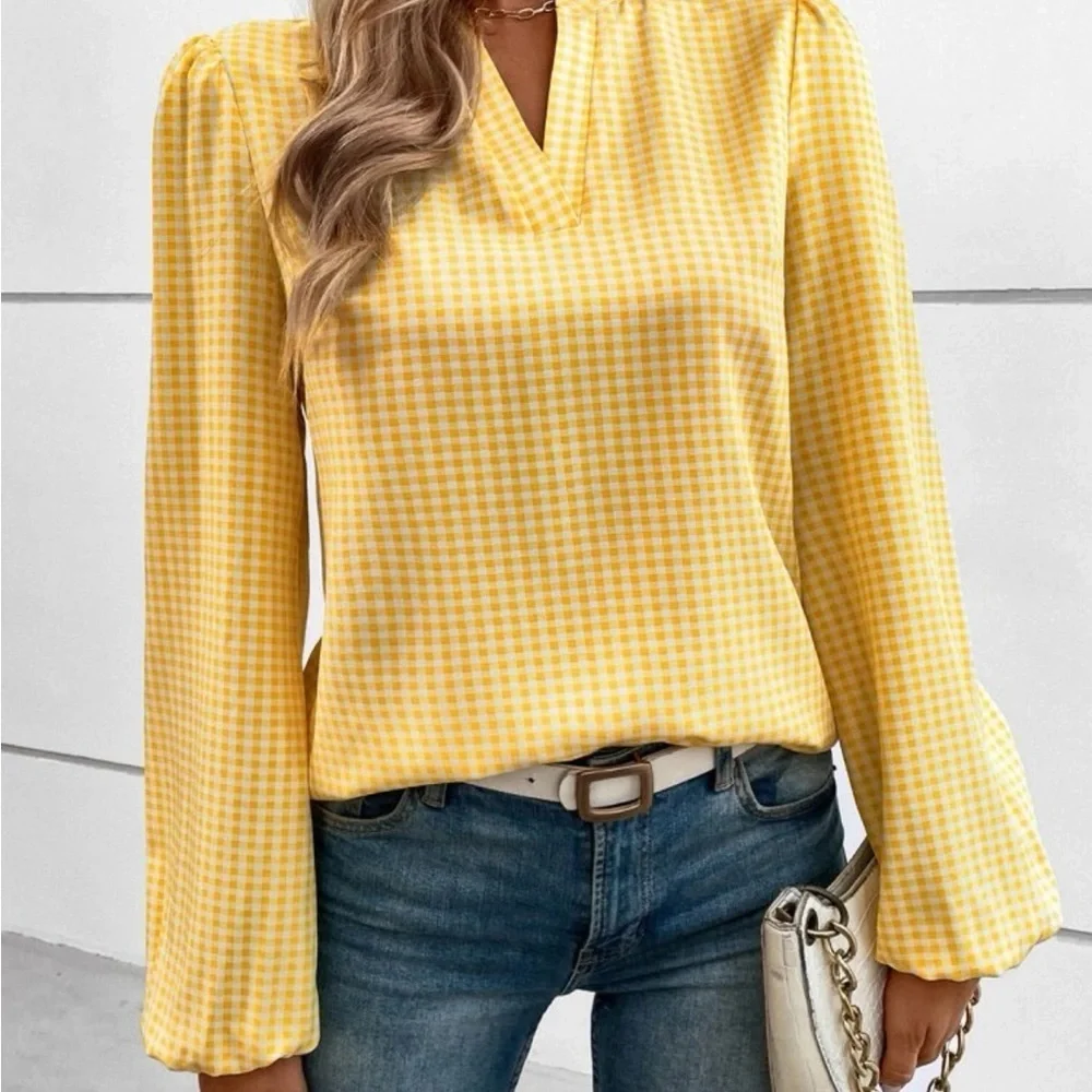 New gingham yellow long sleeve blouse - Picture 4 of 7